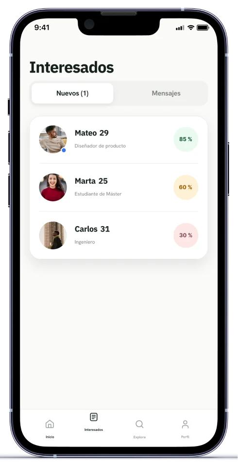 Lista de interesados con porcentaje de compatibilidad