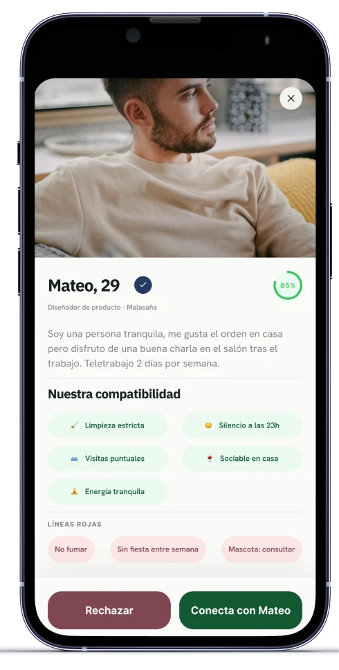 Perfil de Mateo con 85 % de compatibilidad, tags y líneas rojas