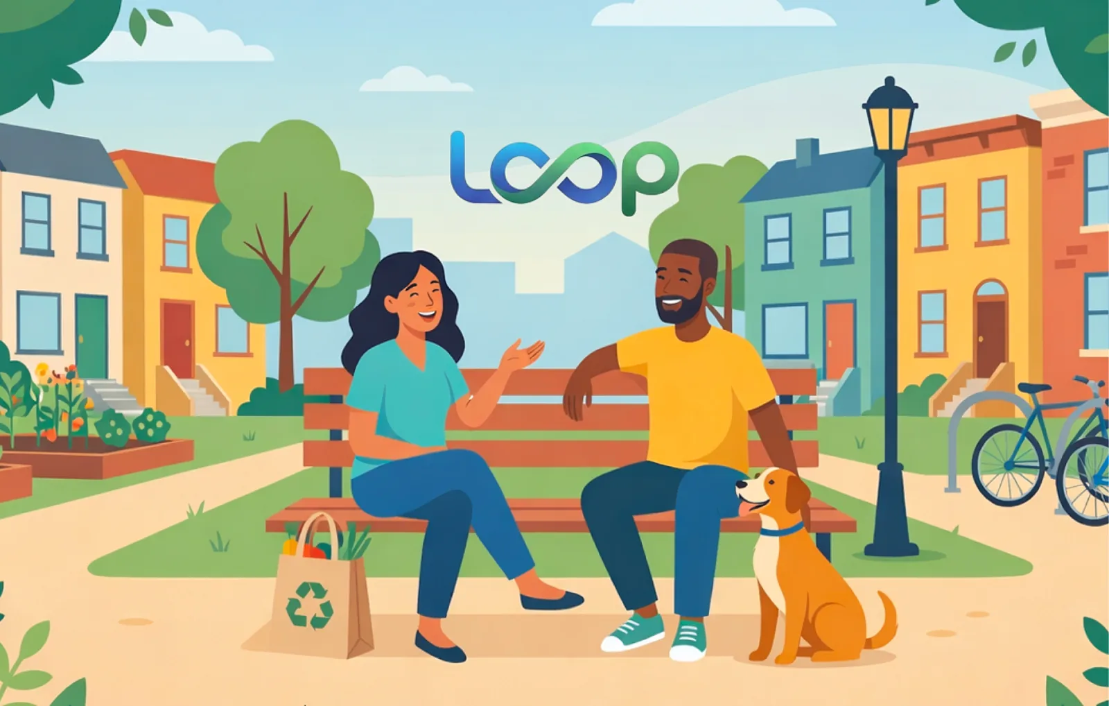 Ilustración de Loop: dos vecinos conversando en un banco